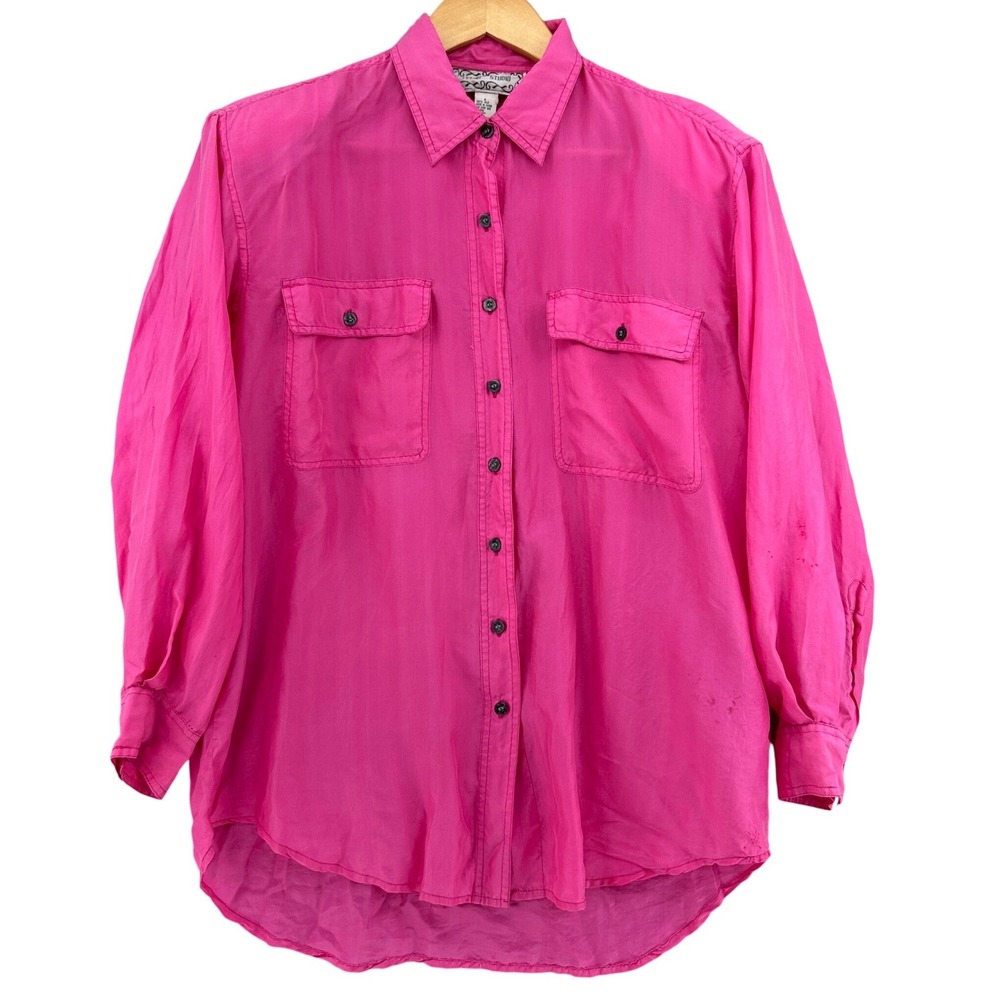 VTG 90s Leena Studio Womens Pink 100% Silk Button Down Long Sleeve Shirt Top M